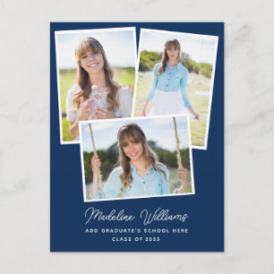 Cartão Postal Graduação Multi Foto em Script Minimalista Azul Ma