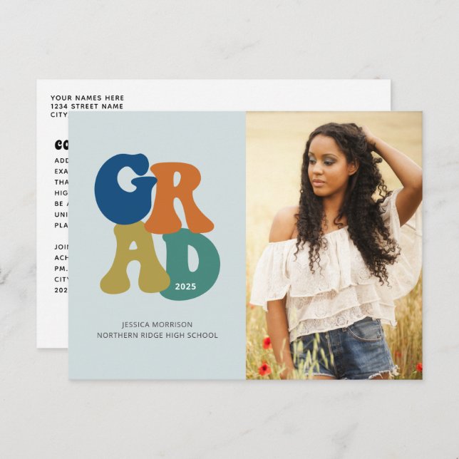 Cartão Postal Graduação Retro Azul dos Anos 70 Groovy 2023 (Frente/Verso)