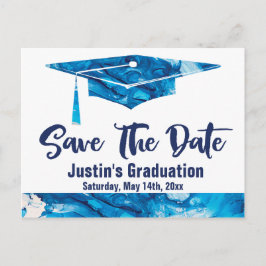 Cartão Postal Graduação Salva A Data Elegante Azul Marble
