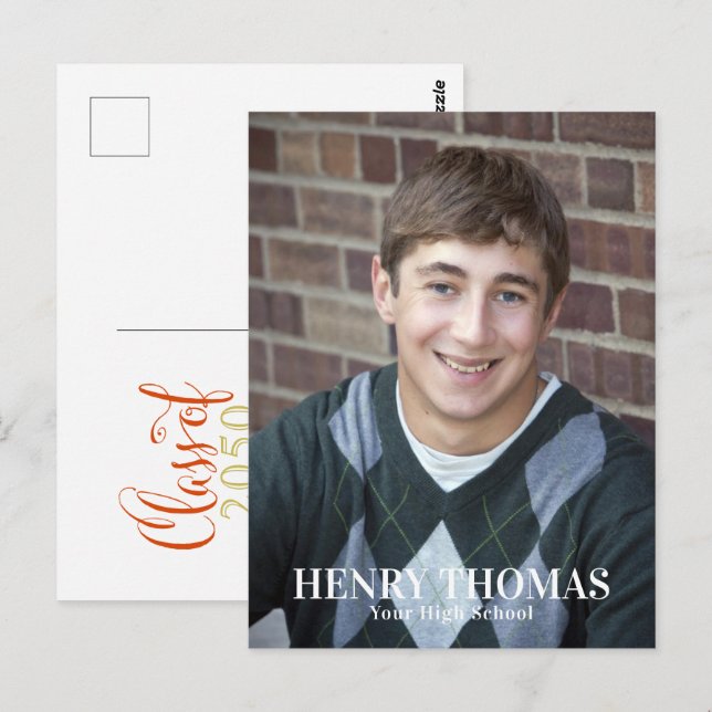 Cartão Postal Graduação Script Minimalista Moderno Laranja (Frente/Verso)