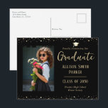 Cartão Postal Graduation Announcement Black and Gold Photo<br><div class="desc">Classic Elegant mortar graduation hat graphic with modern script font graduation announcement postcard. Black and gold design.
Great for junior high,  high school,  and college or university graduation announcement.</div>