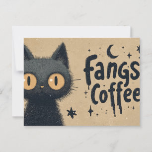 Cartão Postal Gráfico de presas e café com Gato Preto Grungente