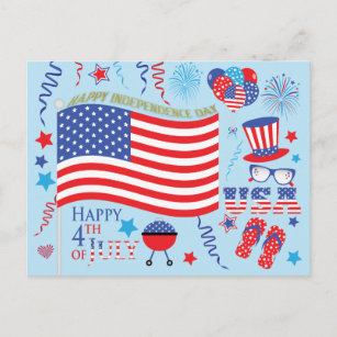Cartão Postal Gráficos e listras felizes em 4 de julho/azul