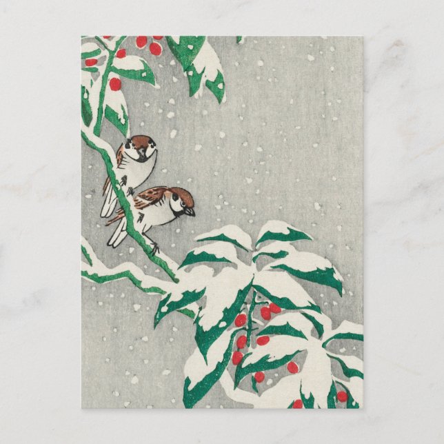 Cartão Postal Gráficos sobre Snowy Berry Bush por Ohara Koson (Frente)