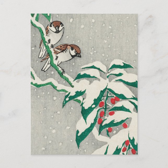 Cartão Postal Gráficos sobre Snowy Berry Bush por Ohara Koson (Frente)
