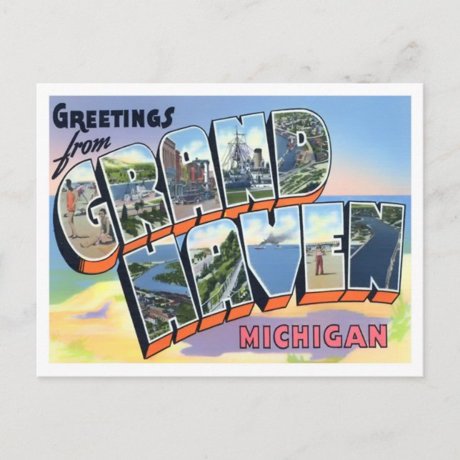 Cartão Postal Grand Haven, Michigan Vintage Big Letters (Frente)