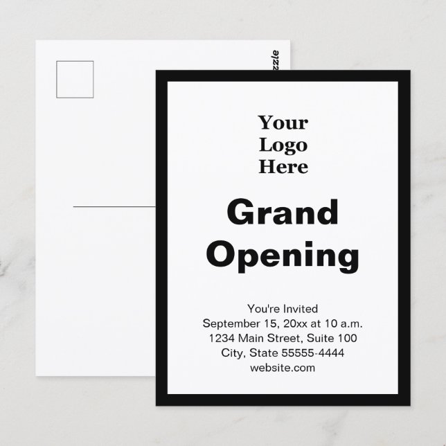 Cartão Postal Grand Opening Business Logo Black White Invitation (Frente/Verso)