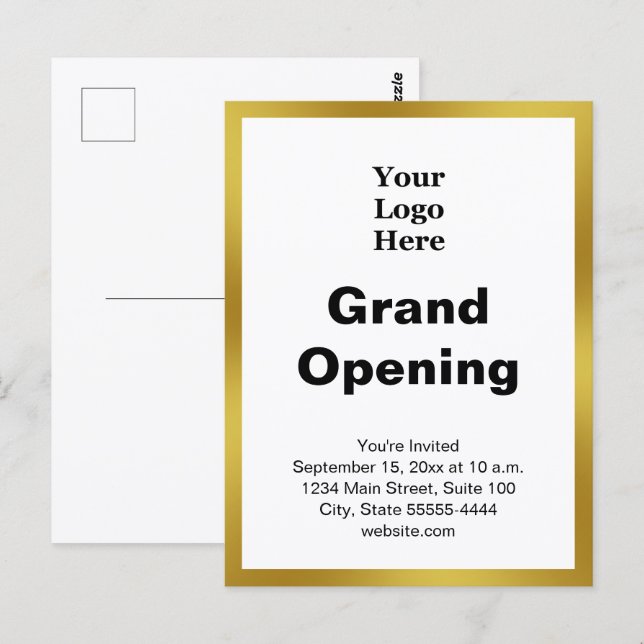 Cartão Postal Grand Opening Business Logo Gold White Invitation (Frente/Verso)