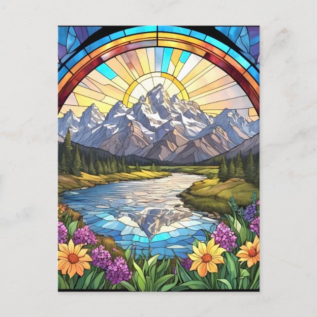 Cartão Postal Grand Teton Mounties Faux Stainha Glass Mountain (Frente)