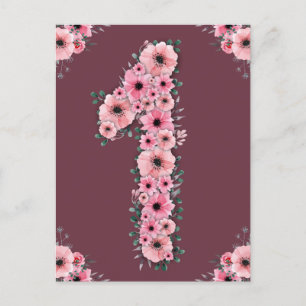 Cartão Postal Grande 1º Aniversário Flores Rosa Menina Folhagem