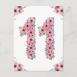 Cartão Postal Grande 11º Aniversário Flores Rosa Menina Folhagem