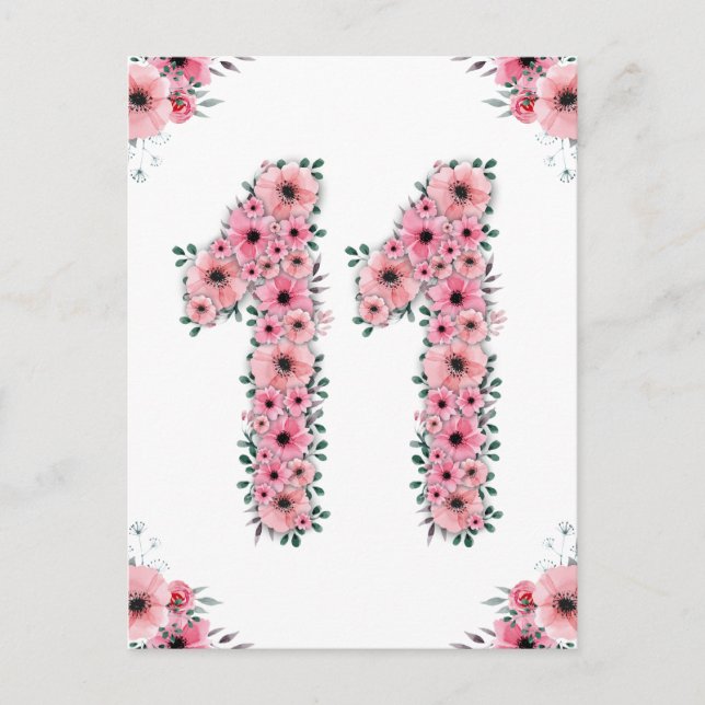 Cartão Postal Grande 11º Aniversário Flores Rosa Menina Folhagem (Frente)