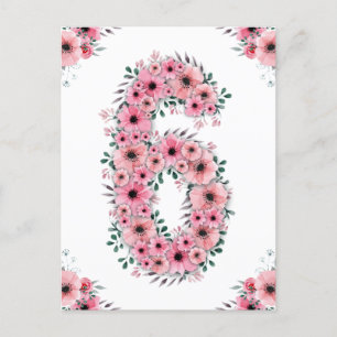 Cartão Postal Grande 6º Aniversário Flores Rosa Menina Folhagem