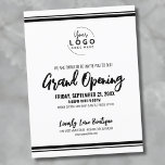 Cartão Postal Grande abertura de negócio de logotipo<br><div class="desc">Um convite branco simples e limpo com fontes e detalhes pretos, perfeito para uma grande abertura de negócios, lançamento de marcas ou evento de festa de produtos. O design apresenta um fundo branco nítido com texto preto personalizável e espaço para adicionar seu logotipo no topo para um toque profissional. Personalize...</div>