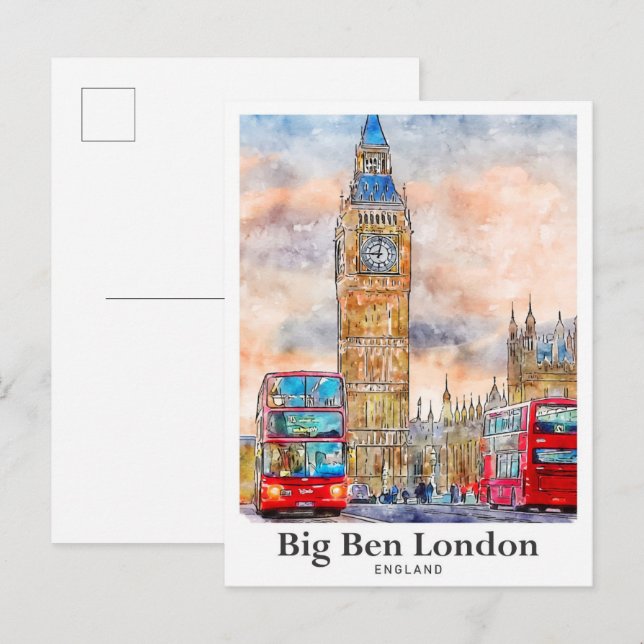 Cartão Postal Grande Ben London Watercolor Sketch Hand Drawn (Frente/Verso)