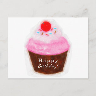 Cartão Postal Grande Cupcake e Cherry Watercolor Parabéns