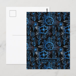 Cartão Postal Grande floral padrão floral nome personalizado azu