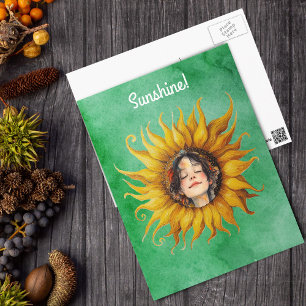 Cartão Postal Grande Girassol Amarelo Com Rosto De Menina em Ver