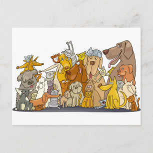 Cartão Postal grande grupo de gatos e cães