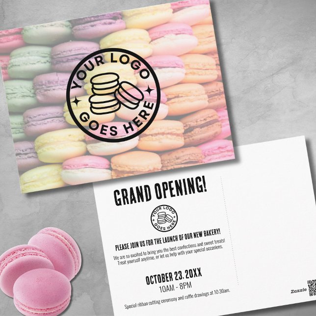 Cartão Postal Grande Padaria de Abertura (Cute Colorful Macaron Cookie Grand Opening Bakery Postcard)