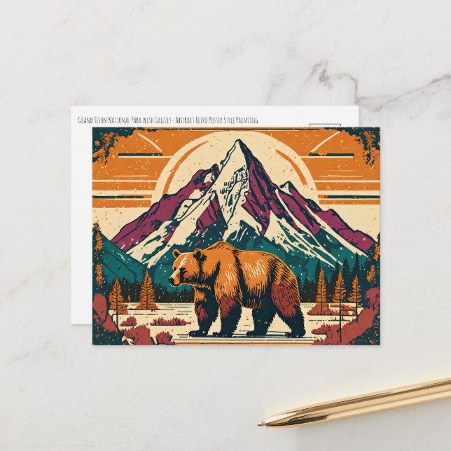 Cartão Postal Grande Teton National Park Grizzly Retro Painting (Frente/Verso In Situ)