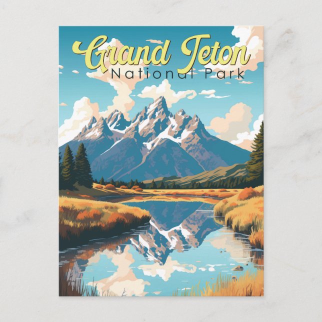 Cartão Postal Grande Teton National Park Illustration Retro (Frente)