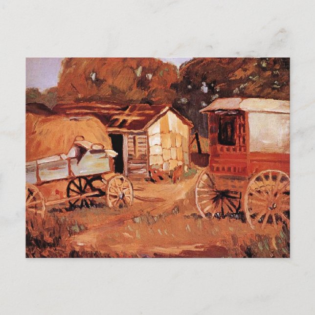 Cartão Postal Grant Wood - Os Comerciantes de Cavalos (Frente)