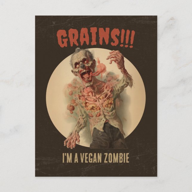 Cartão Postal Grãos Eu sou um Vegan Zombie Engraçado Horror da V (Frente)