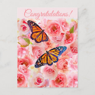 Cartão Postal Grava Rosas de Aquarela Rosa e Borboletas