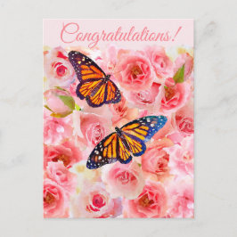 Cartão Postal Grava Rosas de Aquarela Rosa e Borboletas