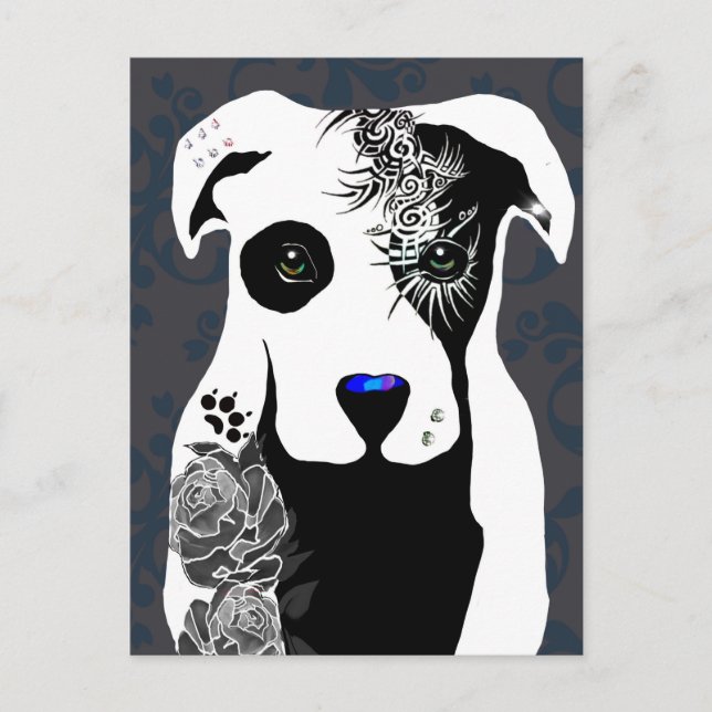 Cartão Postal Gray Pit bull dog tattoos and piercing rose  (Frente)