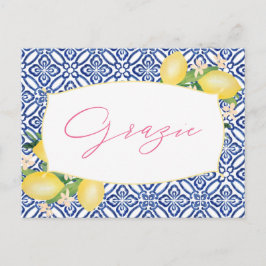 Cartão Postal Grazie Italiana Lemons Blue Azulejo Chá Obrigado