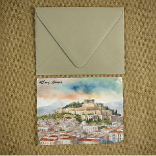 Cartão Postal Grécia Atenas de Impressão de Aquarela Panorama