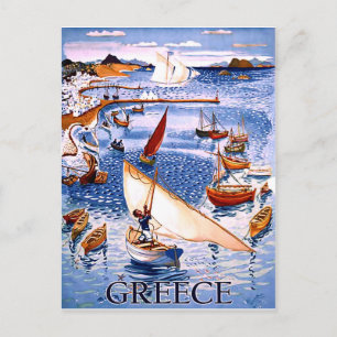 Cartão Postal Grécia, barcos de pesca na costa, viagens vintage
