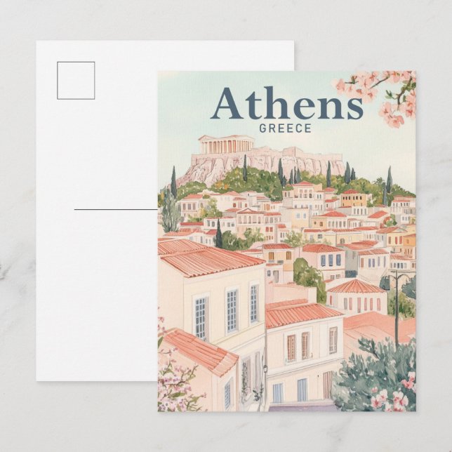 Cartão Postal Grécia de Impressão por Aquarela de Atenas Viagem (Frente/Verso)