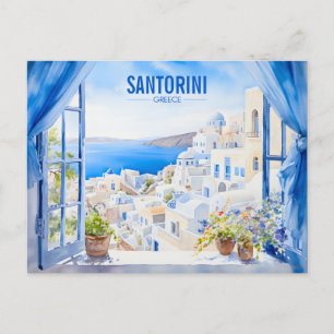 Cartão Postal Grécia de pintura por aquarela Santorini Arte