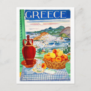 Cartão Postal Grécia, frutas na mesa, visualização do cenário da