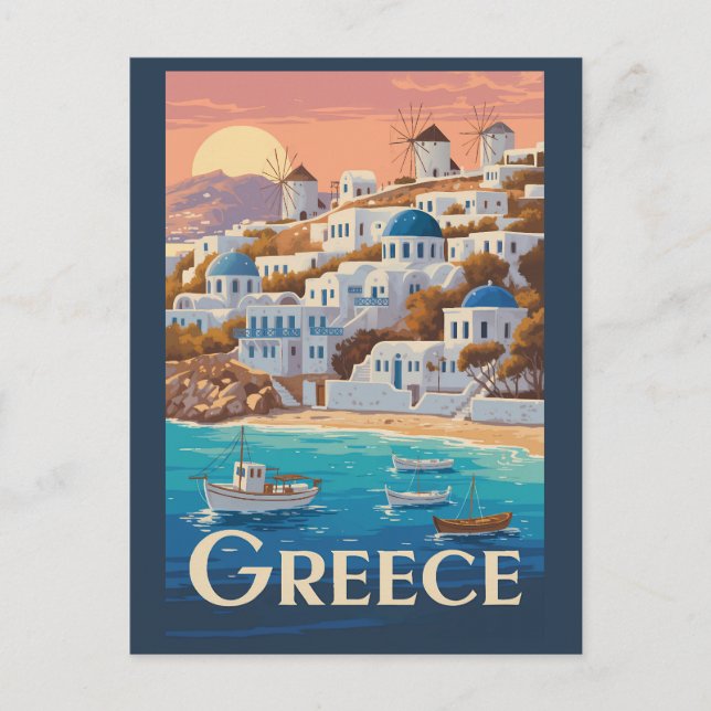 Cartão Postal Grécia Mykonos Illustration Viagem Art Vintage (Frente)