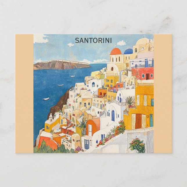 Cartão Postal Grécia Santorini Grego Viagem de Aquarela (Frente)