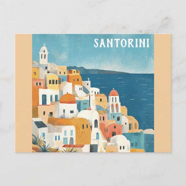Cartão Postal Grécia Santorini Grego Viagem de Aquarela (Frente)