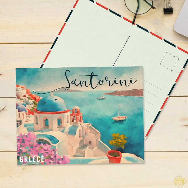 Cartão Postal Grécia Santorini Island Watercolor Viagem Souvenir (Criador carregado)