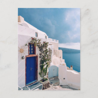 Cartão Postal Grécia Santorini - porta azul na grécia Santorini