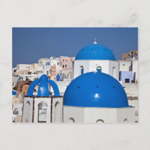 Cartão Postal Grécia, Santorini. Torre sineira e cúpulas azuis d