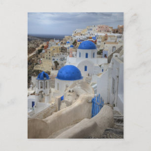 Cartão Postal Grécia, Santorini. Torre sineira e cúpulas azuis d
