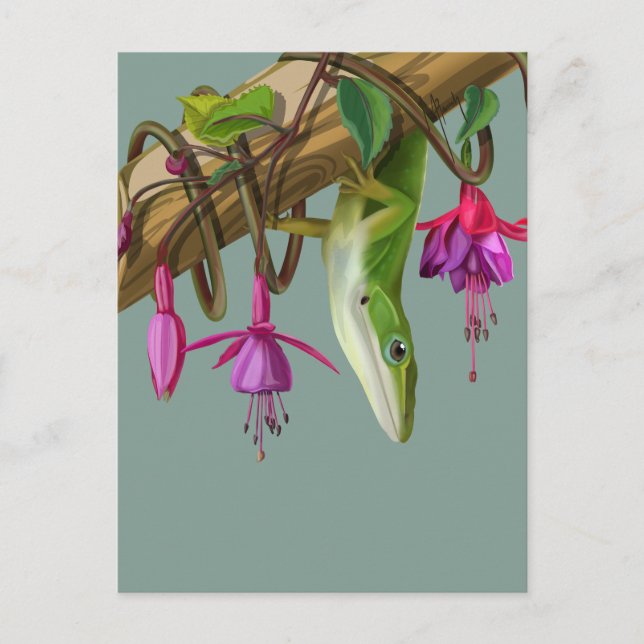 Cartão Postal Green anole with Fuchsias  (Frente)