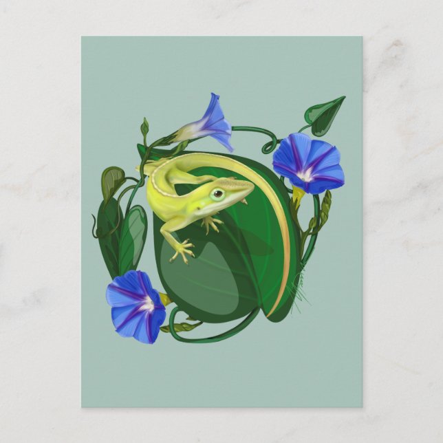 Cartão Postal Green Anole with Morning Glory  (Frente)