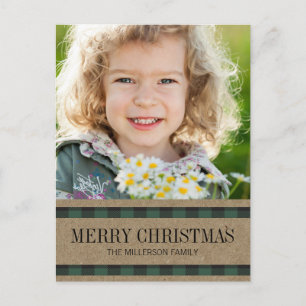 Cartão Postal Green Black Gingham Kraft Feliz Foto de Natal