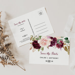 Cartão Postal Green Blush Burgundy Floral Save the Date