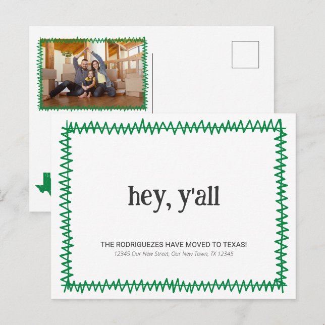 Cartão Postal Green Hey Y'all - Mudou para o Texas (Frente/Verso)