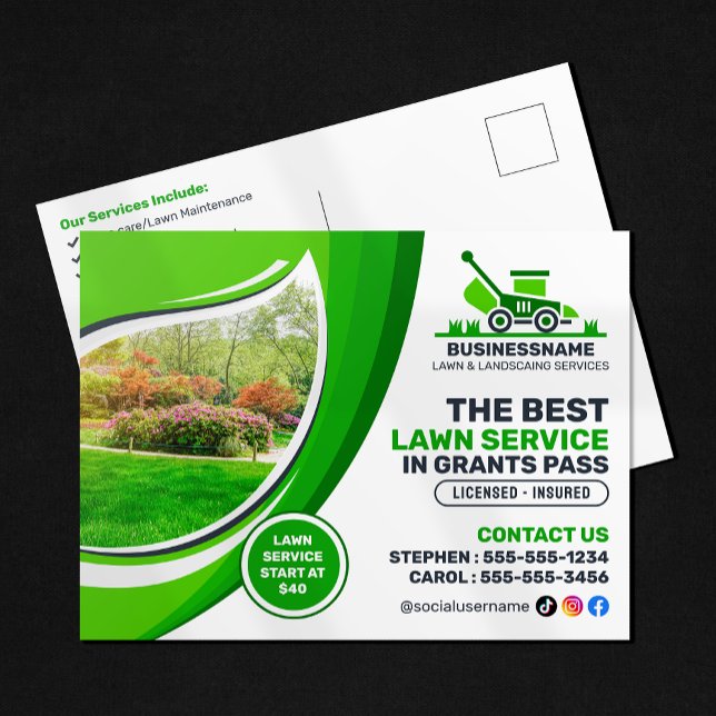 Cartão Postal Green Lawn Care Landscaping Mow Mulching Service (Criador carregado)